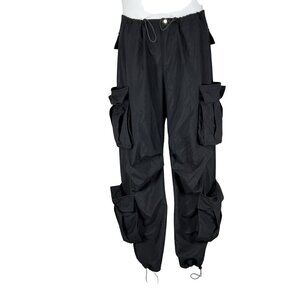 Black Hip Hop Women Baggy Multi Pocket Utility Pants Elastic Cord Waist Gorpcore
